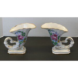 Pair VTG Porcelain Cornucopia Vases Hand Painted Floral Gold Trim 6" Tall 1950s